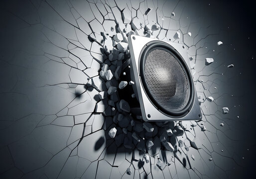 Powerful sound wave breaking concrete wall 3D render | Abstract audio speaker bursting through cracked surface background | High volume deep bass subwoofer energy explosion concept