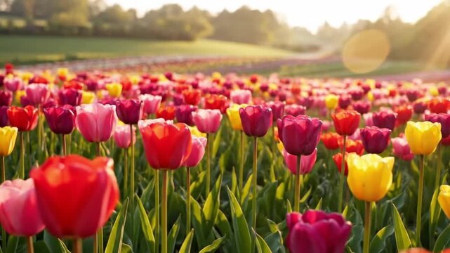 a field of multicolored tulips swaying under the soft morning sun