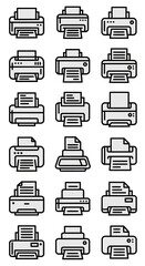A collection of eighteen modern printer and fax machine line art icons with bold black outlines and subtle grey shading.