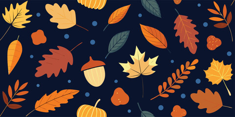 Autumn season seamless pattern illustration with colorful fall leaves, acorn, and pumpkin elements on a dark blue background for seasonal design projects