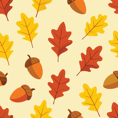 Autumn leaves and acorns seamless pattern vector illustration. fall season decorative background with colorful oak foliage and nuts in warm earthy tones
