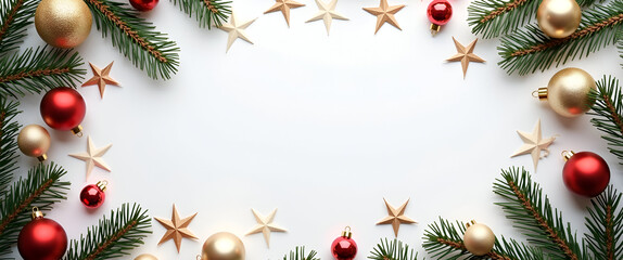 A sophisticated flat lay composed for Christmas, featuring elegantly arranged ornaments and festive elements, ensuring a minimalist approach with ample copy space.