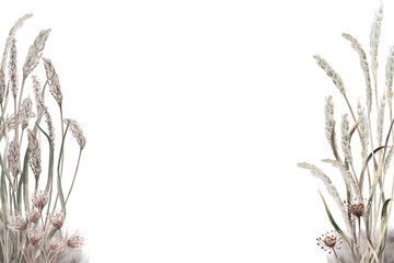 Rectangular frame with dried herbs and flowers. Isolated watercolor illustration for flower shop design, interior decor, posters, postcards, and calendars.