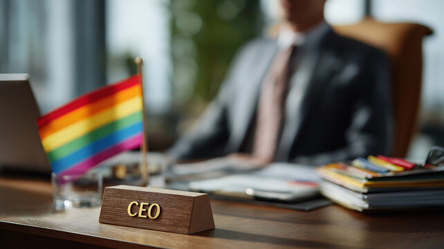 Office scene with ceo and pride flag highlighting lgbtq visibility in modern business
