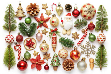 Flat lay of Christmas ornaments, pinecones, and festive decorations arranged on a white background.