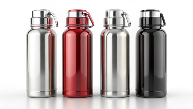 Four colorful reusable aluminum water bottles with carabiner clips standing upright isolated on white background