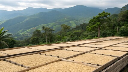 Coffee Beans Drying On Wooden Racks With Lush Green Mountains And Blue Sky Background