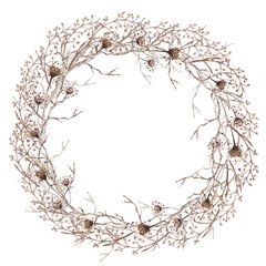 A round, multi-layered wreath with branches, steppe grasses, and flowers. Isolated watercolor illustration for eco-projects, travel agencies, interior design, posters, postcards, and packaging.