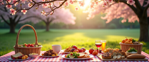 An inviting picnic arrangement under a blooming tree, with delicious food spread across a table, embodying the joy of outdoor dining during the season. Lots of copy space invites creativity.