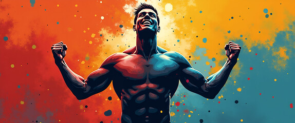 An abstract and vibrant portrayal of motivation for men, inviting strength and determination through bold colors, with ample room for impactful text overlays.