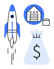 Rocket taking off symbolizing startups, warehouse icon suggesting storage and logistics, and money bag depicting profit and success. Ideal for entrepreneurship, e-commerce, logistics services