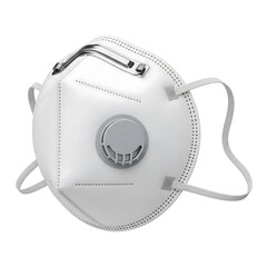Close up of a white n95 respirator mask with valve for protection against airborne particles and viruses on white background