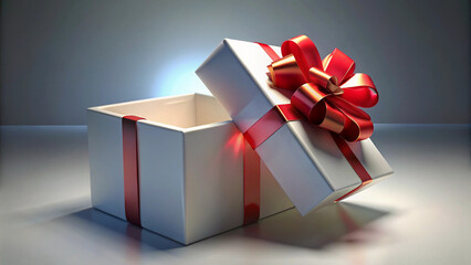 Open white gift box adorned with vibrant red ribbon and bow symbolizing celebration surprise and perfect for festive product mockups