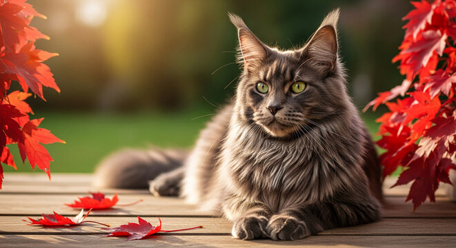 Gray fluffy cat resting on wooden surface, surrounded by red leaves, evoking autumn atmosphere and animal tranquility, ideal for pet concepts