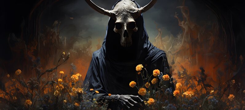 A grim reaper , a small creature made of glass that is sitting in the palm of your hand, ai generative