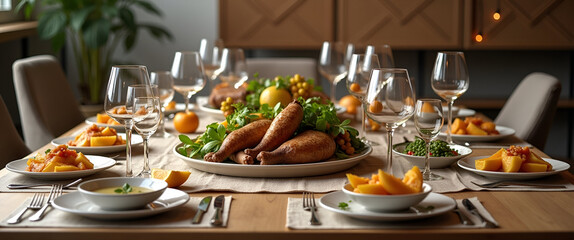 A modern Seder table design showcasing new interpretations of tradition, featuring unique elements and ample copy space for text or marketing messages.