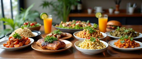 A vibrant late lunch setting displaying a variety of colorful vegan dishes arranged symmetrically on a wooden table, with ample copy space for branding.