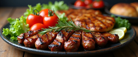 A beautifully arranged barbecue serving plate with grilled meats and vegetables, centered in the composition to allure the viewers attention amidst copy space.