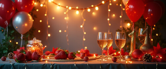 A captivating scene of a New Year themed party, featuring balloons, lights, and lavish decorations displayed on a table, incorporating ample copy space for branding.