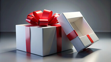 Open white gift box adorned with vibrant red ribbon and bow symbolizing celebration surprise and perfect for festive product mockups
