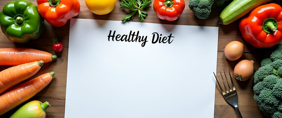 An elegant flat lay of a healthy diet plan laid out on a wooden table surrounded by fresh produce, featuring negative space for visual impact and easy readability.