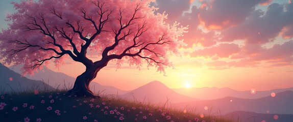 An elegant sakura tree silhouette at dusk, surrounded by fading light, conveying a sense of calmness and romance. Includes sufficient copy space for customization.