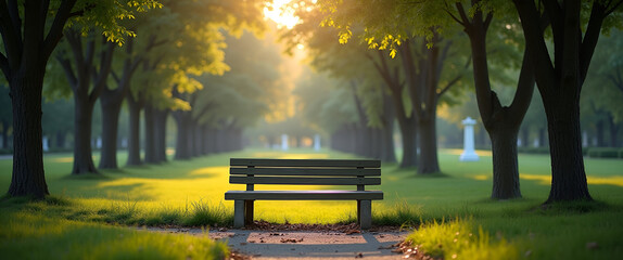 An artistic interpretation of an empty bench in a peaceful cemetery setting, framed amidst trees, offering a focal point and ample copy space for personal thoughts.