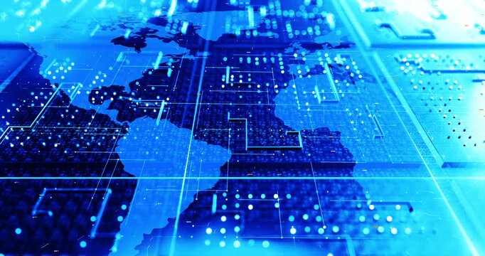Digital world map displayed on advanced electronic circuit board. Digitalization of the world abstract 3d concept.