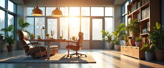 An inspiring depiction of hybrid work success within a modern office space, utilizing sunlight, airy designs, and abundant copy space for potential advertising needs.