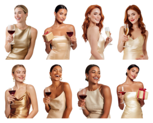 PNG Elegant women celebrating with wine, element set on transparent background