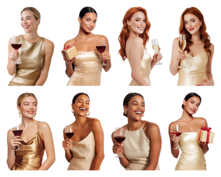 PNG Elegant women celebrating with wine, element set on transparent background