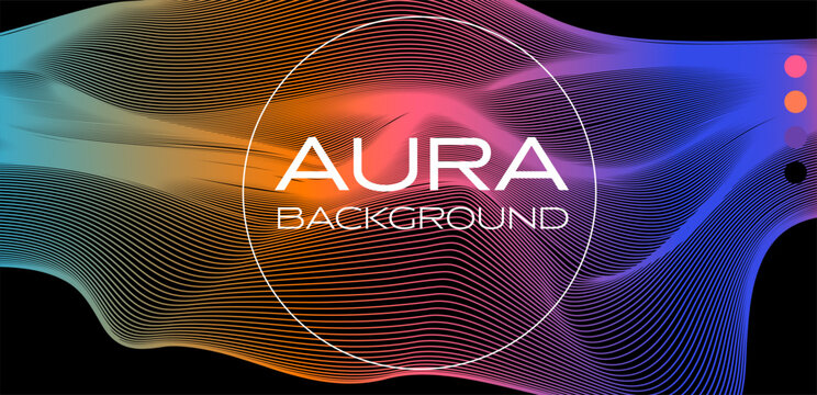 Neon gradient glitched lines in pink, blue, and purple colors. Fluid wavy shapes on a black background. Vector illustration in a modern, abstract aura style for science and tech related covers.