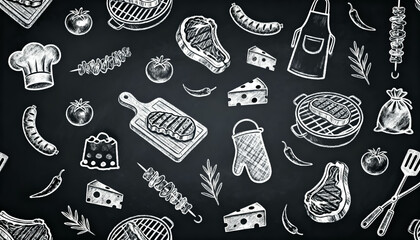 Chalkboard BBQ Pattern with Grills, Steaks and Cooking Tools

