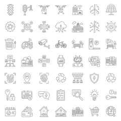 Smart City Technology Icons - Line Art Depicting Innovations and Infrastructure Elements.