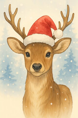 Cute Christmas Reindeer Wearing Santa Hat in Snow
