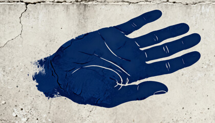 Blue Painted Hand on Cracked Concrete Wall Background
