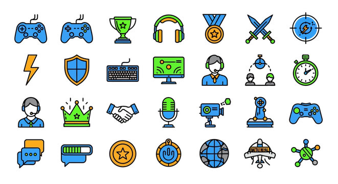 Vibrant gaming icons set featuring controllers, headsets, trophies, and various esports elements in a flat, outlined style.