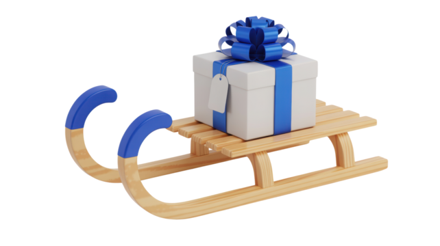 A classic wooden sled with blue runners carrying a beautifully wrapped white gift box tied with a blue ribbon isolated on transparent background