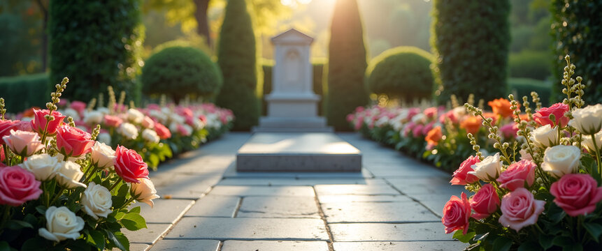 A scenic view of an elegantly arranged memorial area with flowers and a tombstone, presented with an inviting feel and clear copy space for messages of remembrance.