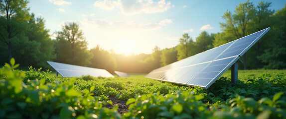 A serene scene depicting the peaceful coexistence of nature and technology through solar panels amidst lush greenery, featuring wide copy space.