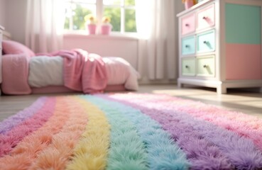 Obraz premium Kids room with rainbow rug pastel furniture. Bed, dresser, window provide natural light. Gentle colours create cozy space. Interior details enhance room appeal. Home decor creates playful, bright