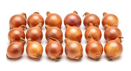 A close-up, high-angle shot of a tightly packed group of fresh, whole yellow onions arranged neatly on a clean white surface, showcasing their distinct layers and earthy tones