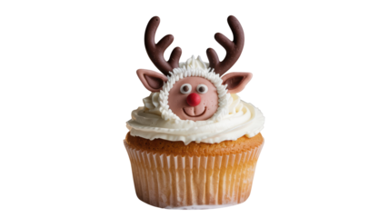 Festive christmas reindeer cupcake with white frosting and antlers isolated on transparent background