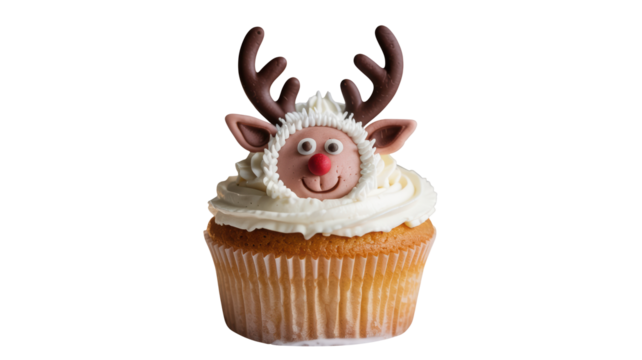 Festive christmas reindeer cupcake with white frosting and antlers isolated on transparent background - Powered by Adobe