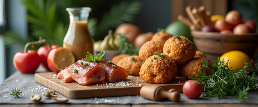 A sophisticated gourmet food delivery display featuring artisanal items artfully arranged on a stylish table, large copy space for ad use.
