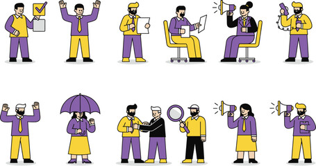 Large Vector Collection of Business People Icons Demonstrating Voting, Megaphone Communication, Data Analysis, Security, and Partnership in a Colorful Flat Line Style.