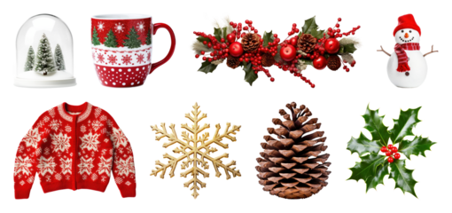 PNG Festive holiday decorations collection, element set on transparent background