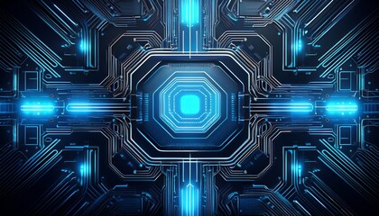 futuristic circuit board design with glowing blue lines and central processing unit