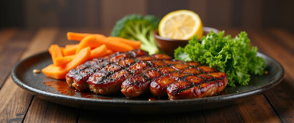A beautifully arranged barbecue serving plate with grilled meats and vegetables, centered in the composition to allure the viewers attention amidst copy space.