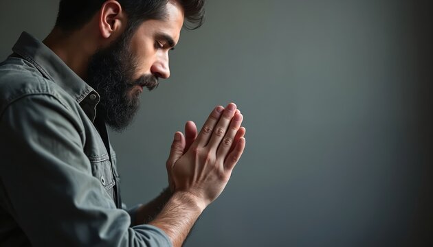 Bearded man praying. Male folds hands in prayer. Devout person seeks guidance. Man shows faith, spirituality, hope. Side view silhouette of worshipper reflects devotion, contemplation in moment of